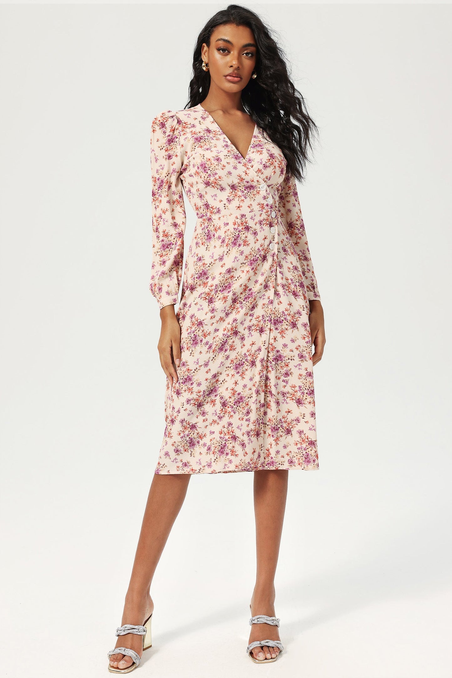 Long Sleeve V-neck Lace Up Split Midi Dress Purple