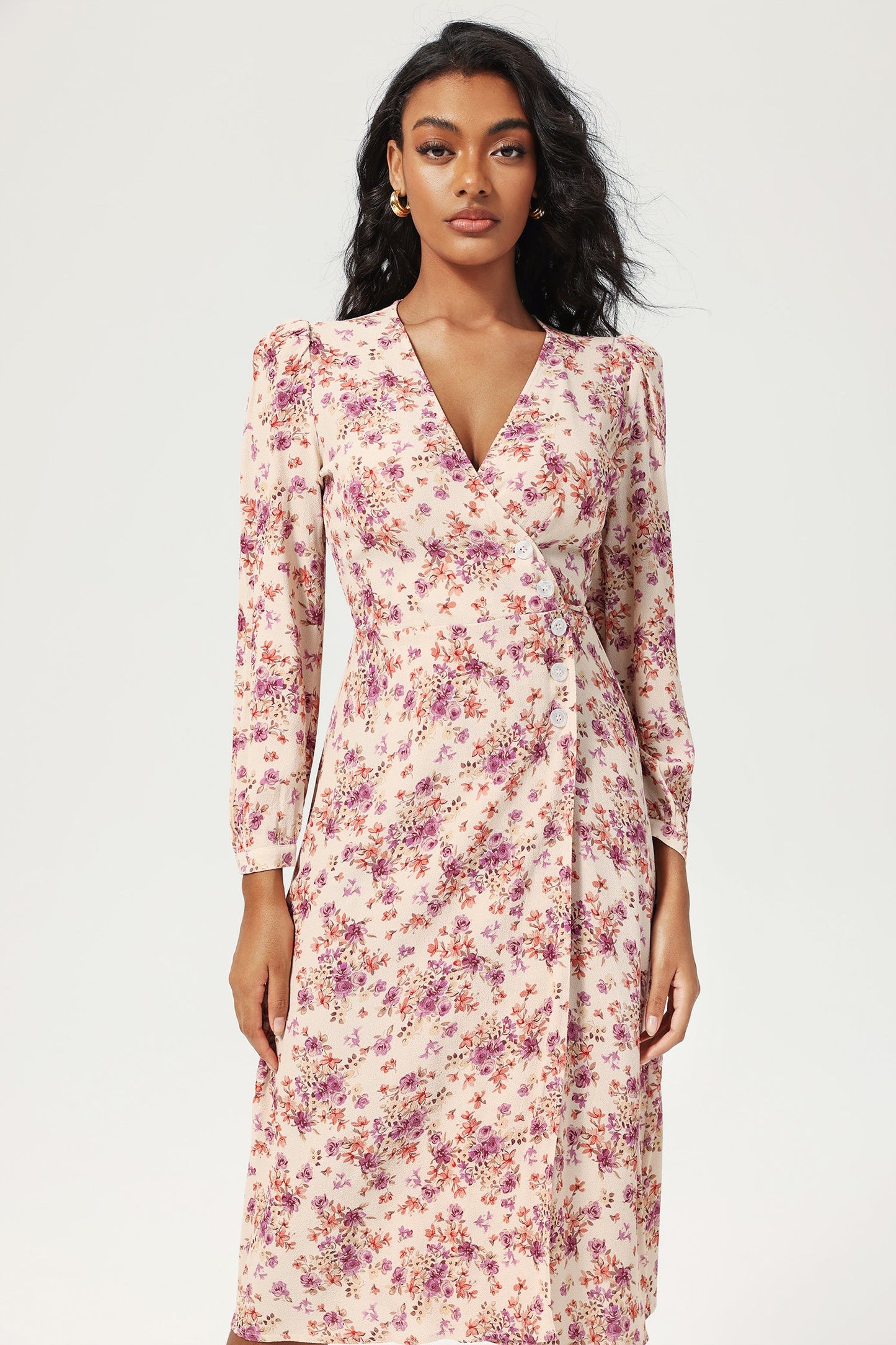 Long Sleeve V-neck Lace Up Split Midi Dress Purple