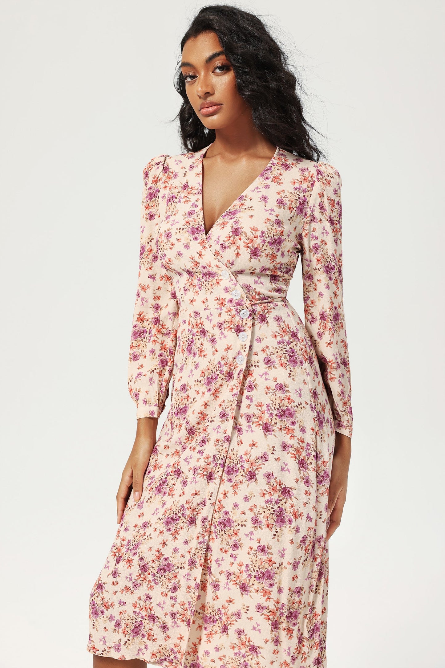 Long Sleeve V-neck Lace Up Split Midi Dress Purple