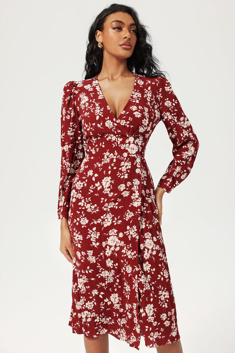 Long Sleeve V-neck Split Midi Dress Red