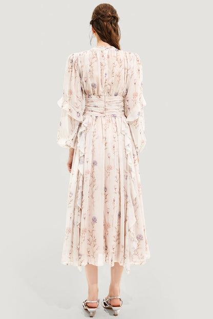 Round Neck Puff Sleeve Midi Dress