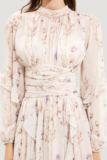 Round Neck Puff Sleeve Midi Dress