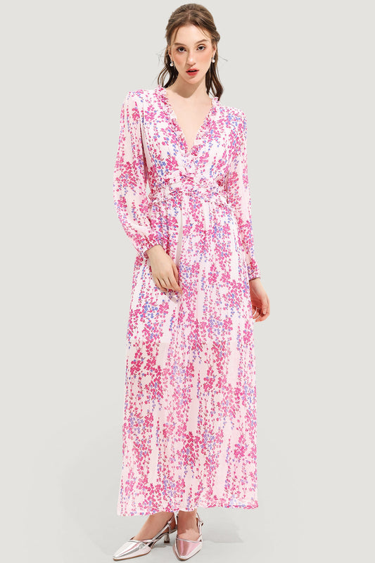 V-neck Long Sleeve Midi Dress Pink