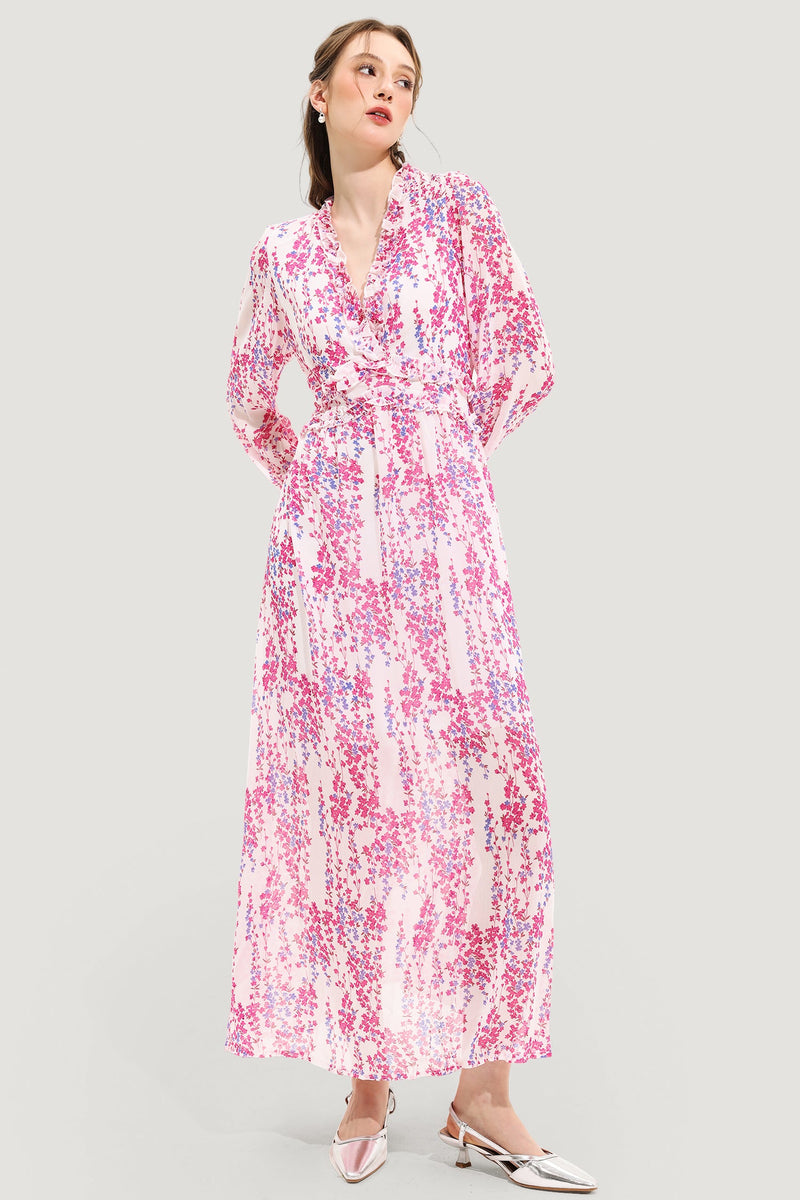 V-neck Long Sleeve Midi Dress Pink
