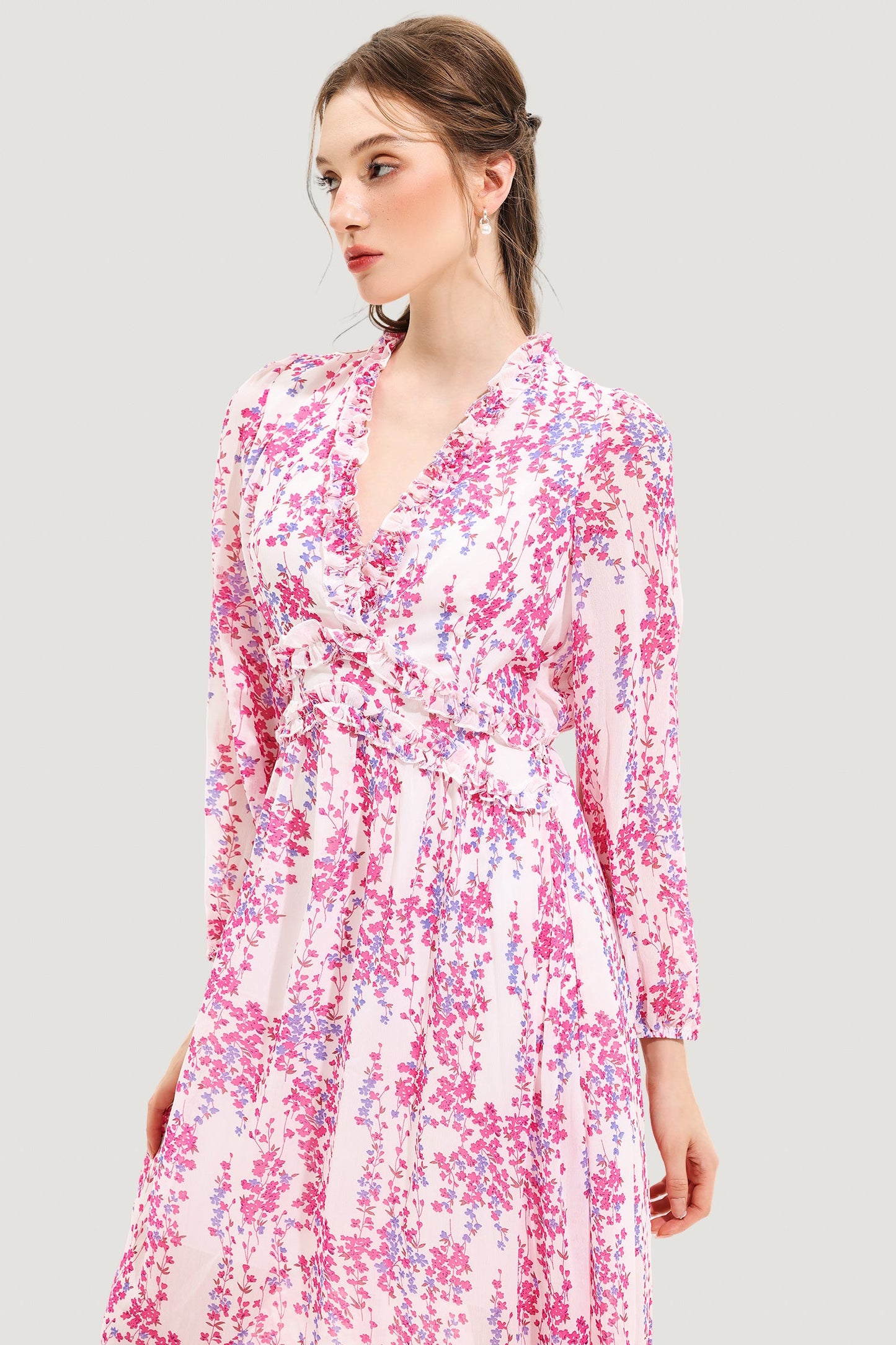 V-neck Long Sleeve Midi Dress Pink