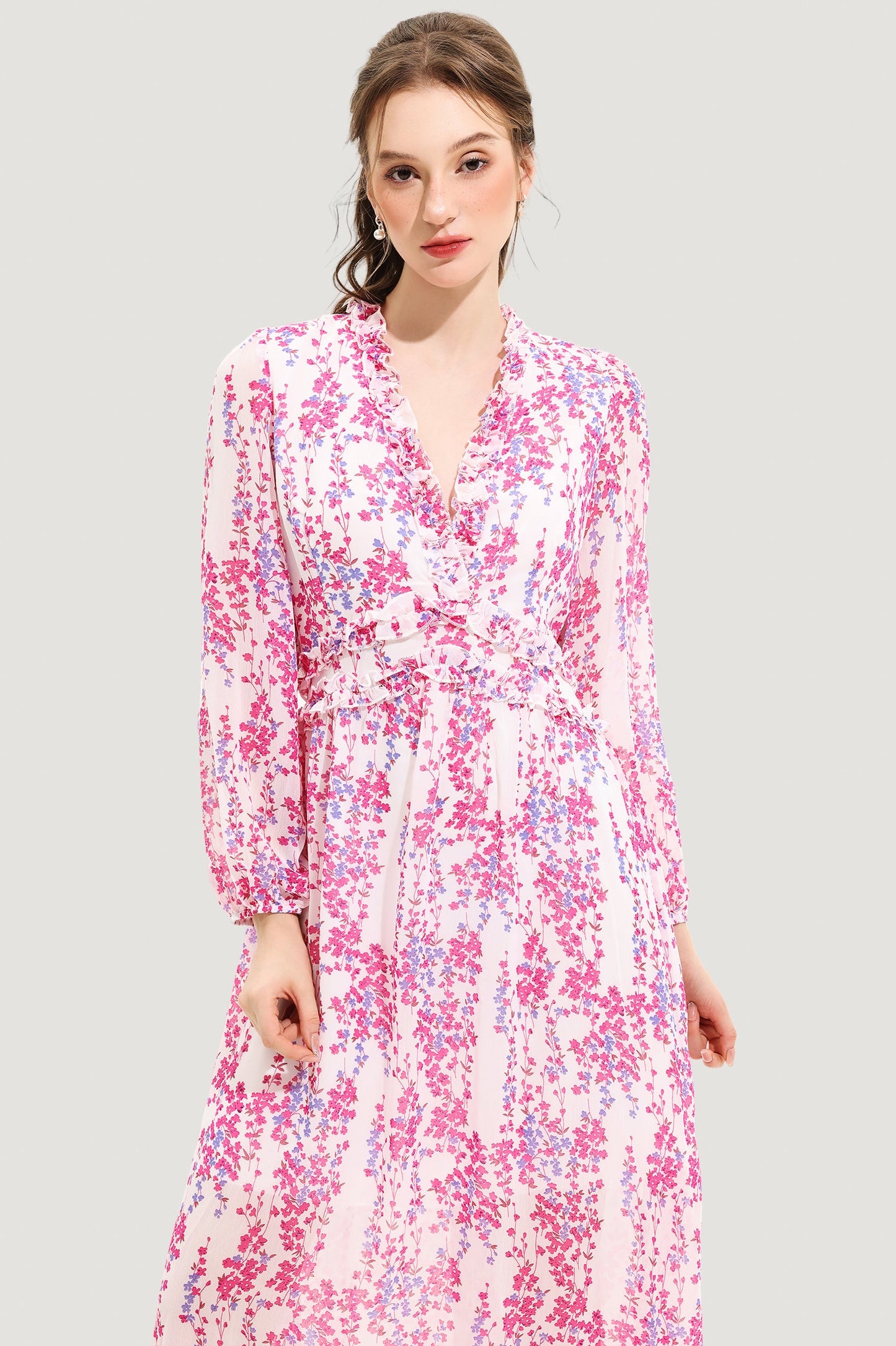 V-neck Long Sleeve Midi Dress Pink