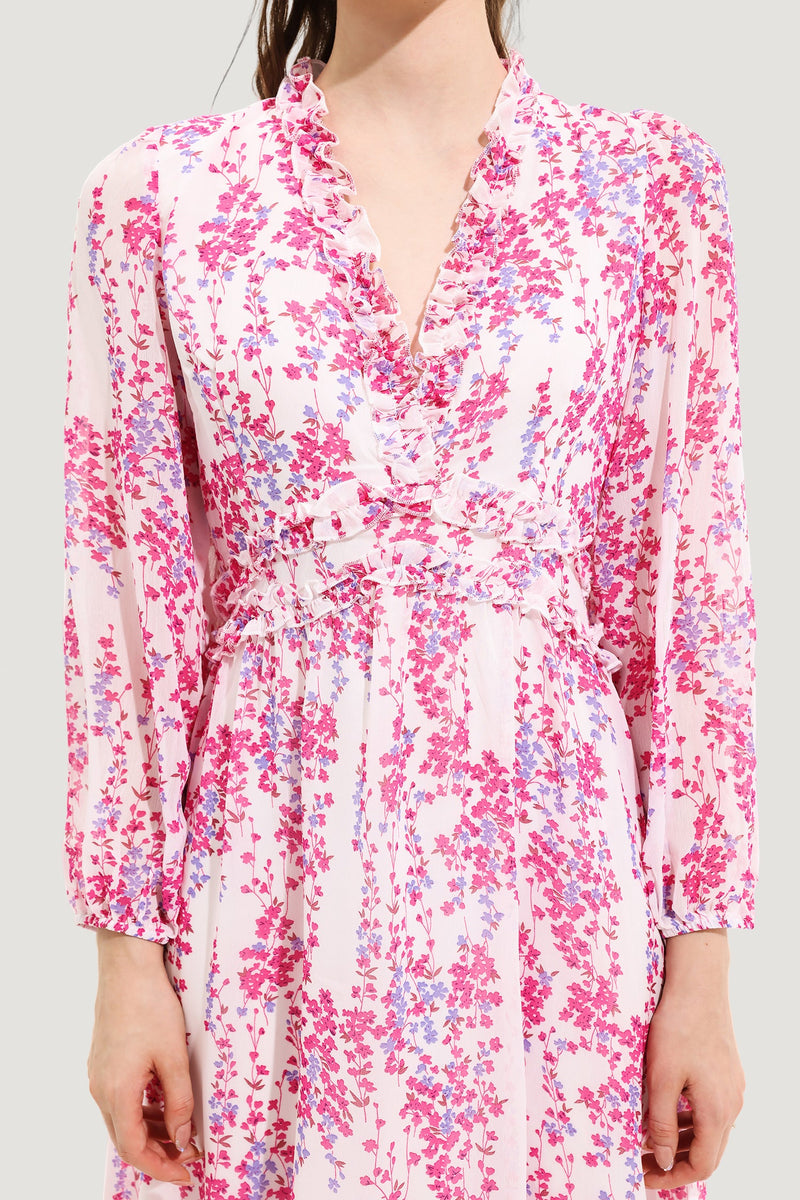 V-neck Long Sleeve Midi Dress Pink
