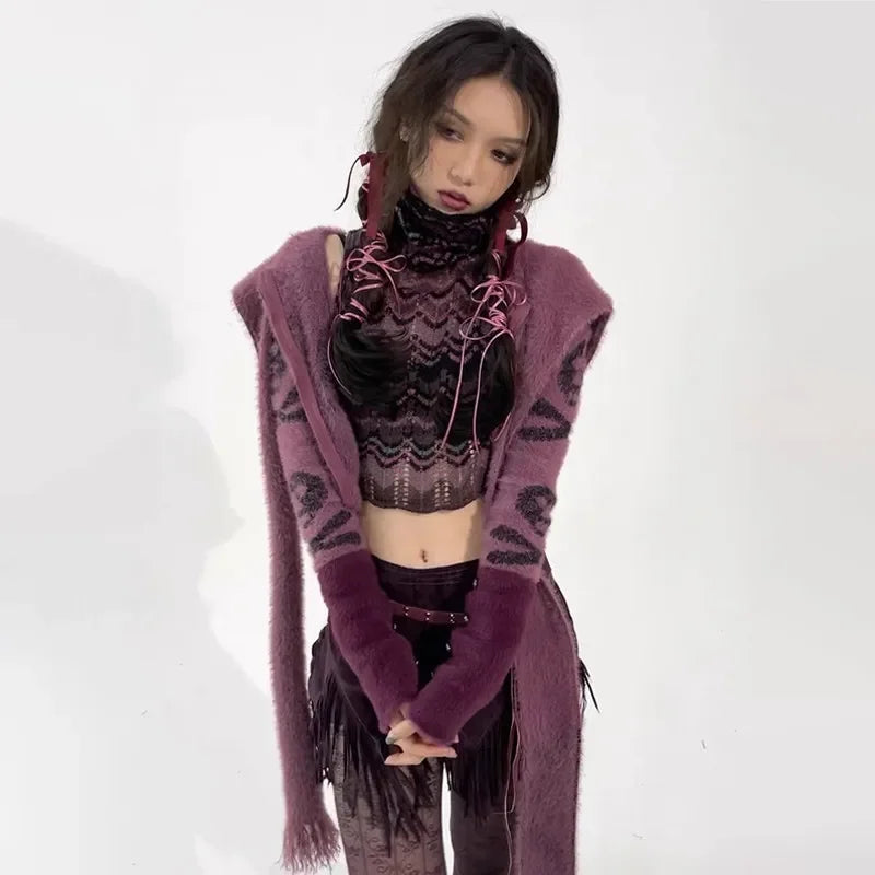 Gothic Skull Embroidery Punk Style Grunge Aesthetics Cropped Hooded Knitted Cardigan