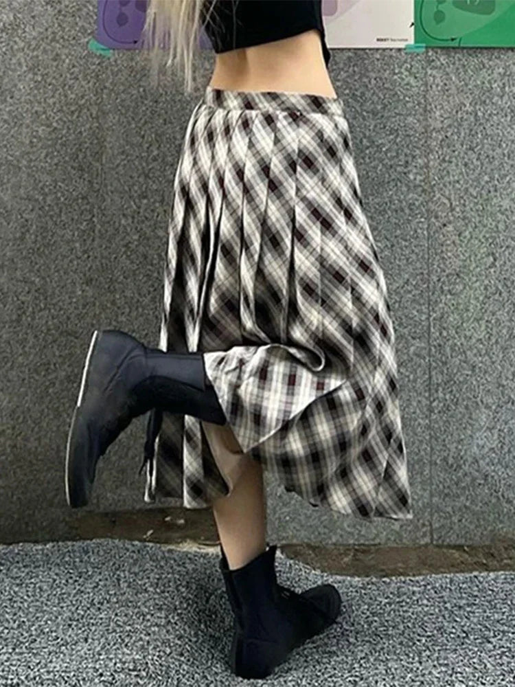 Dressbetty - Houndstooth Pleated Loose Retro Maxi Skirt