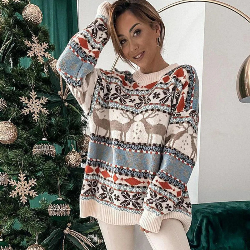 Jacquard Print Christmas Sweater - Warm and Soft - Loose Fit - Full Sleeve
