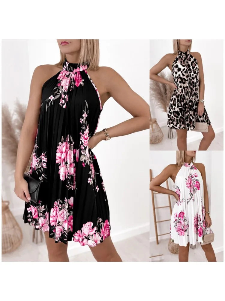 Print Sleeveless Pleated Off Shoulder Mini Dress Beach Vestidosn Ms Chuh Summer Dresses for