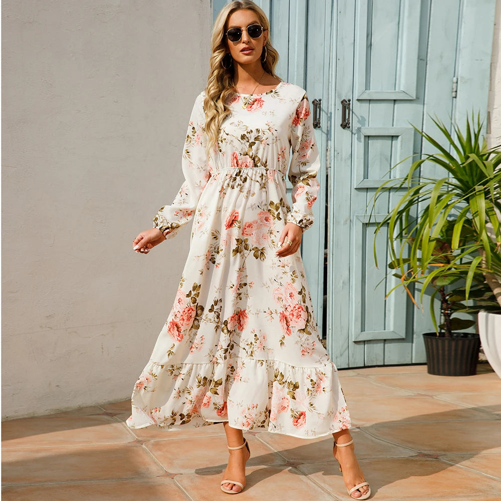 Sping Maxi Long Sleeve High Waist Chiffon Midi Dresses
