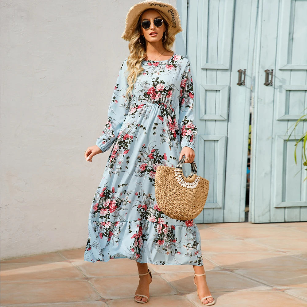 Sping Maxi Long Sleeve High Waist Chiffon Midi Dresses
