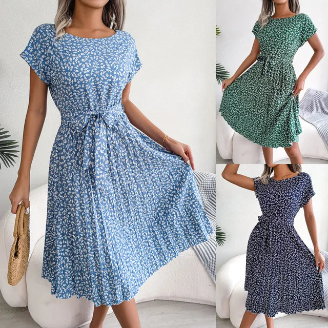 Summer Short Sleeve Long Dress O Neck Lace Up Pleated A-line Office Female Vestidos