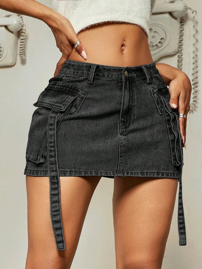 Street Tooling Style Flap Pocket Slim Workwear Denim Skirt