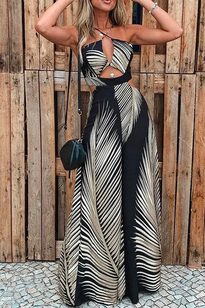 Halter Cut Out Printed Beach Jumpsuit