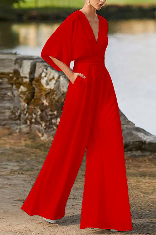 Deep V Neck High Waist Wide Leg Jumpsuit