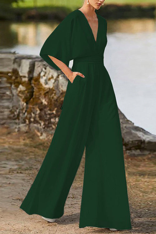 Deep V Neck High Waist Wide Leg Jumpsuit