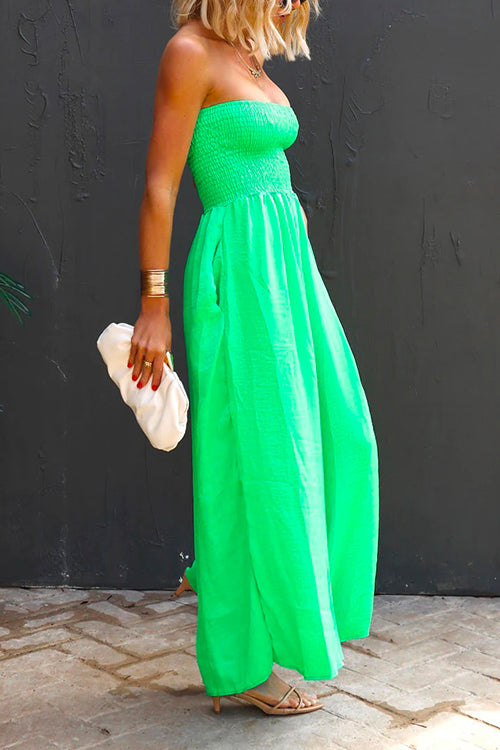 Strapless Smocked Pocketed Wide Leg Jumpsuit