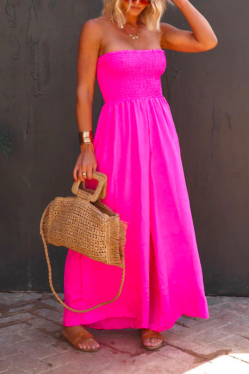 Strapless Smocked Pocketed Wide Leg Jumpsuit
