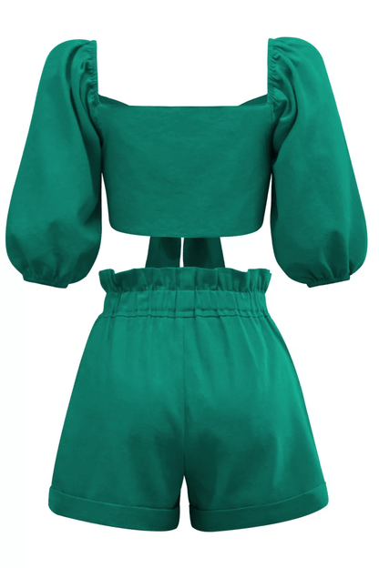 Linen Wrap Front Tie Puff Sleeve Shorts Sets in Green