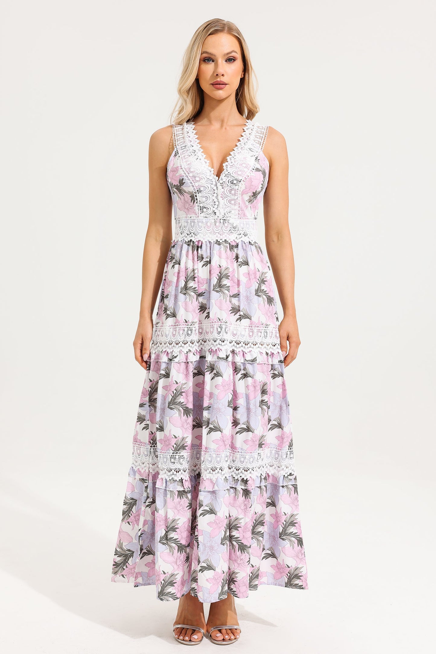 Lace V-neck Sleeveless Maxi Dress