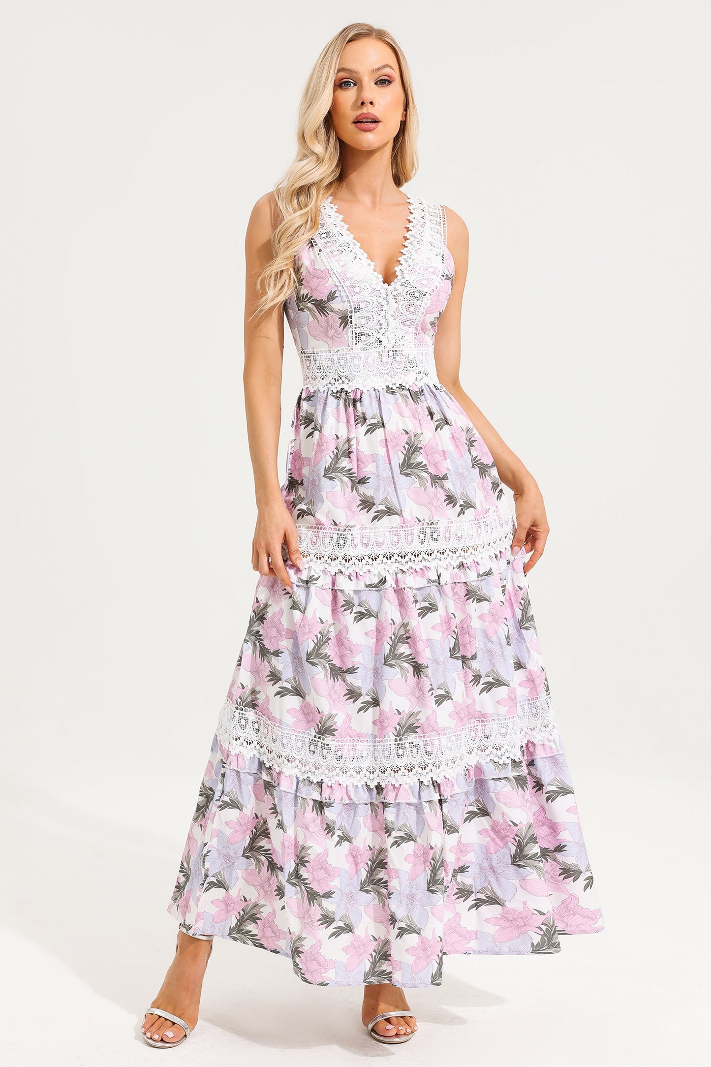 Lace V-neck Sleeveless Maxi Dress