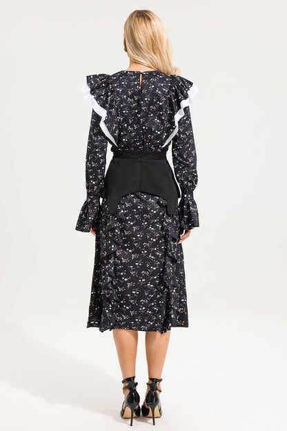 Ruffle Ball Sleeve Midi Dress With Belt