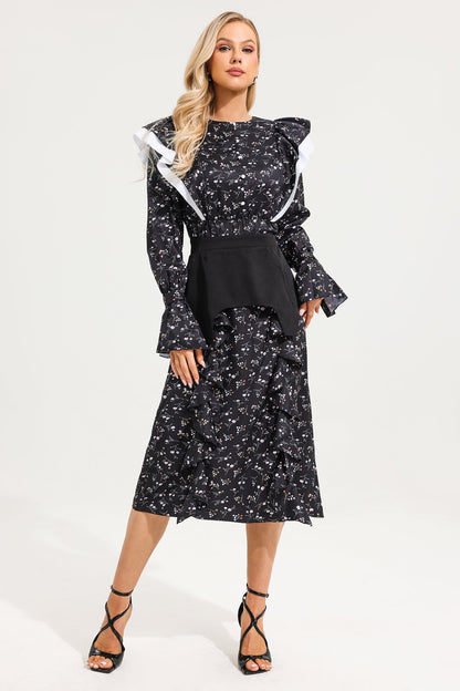 Ruffle Ball Sleeve Midi Dress With Belt