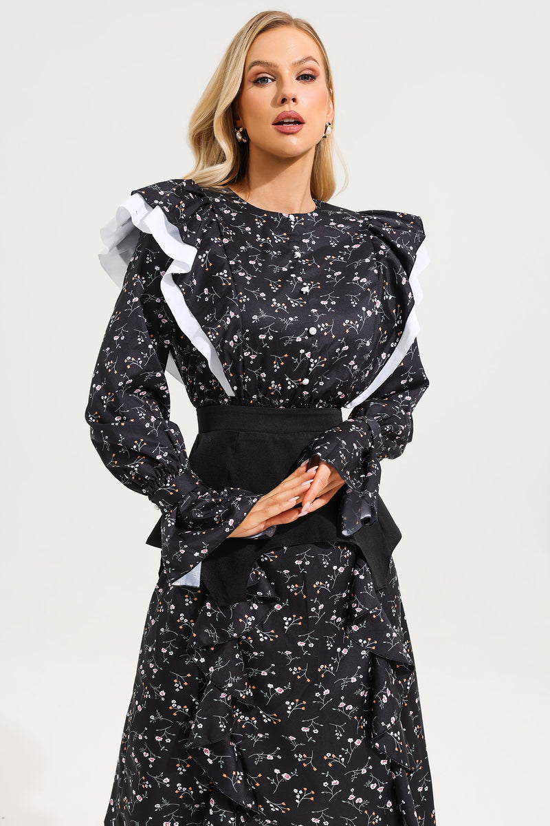 Ruffle Ball Sleeve Midi Dress With Belt