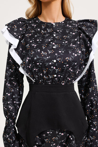 Ruffle Ball Sleeve Midi Dress With Belt