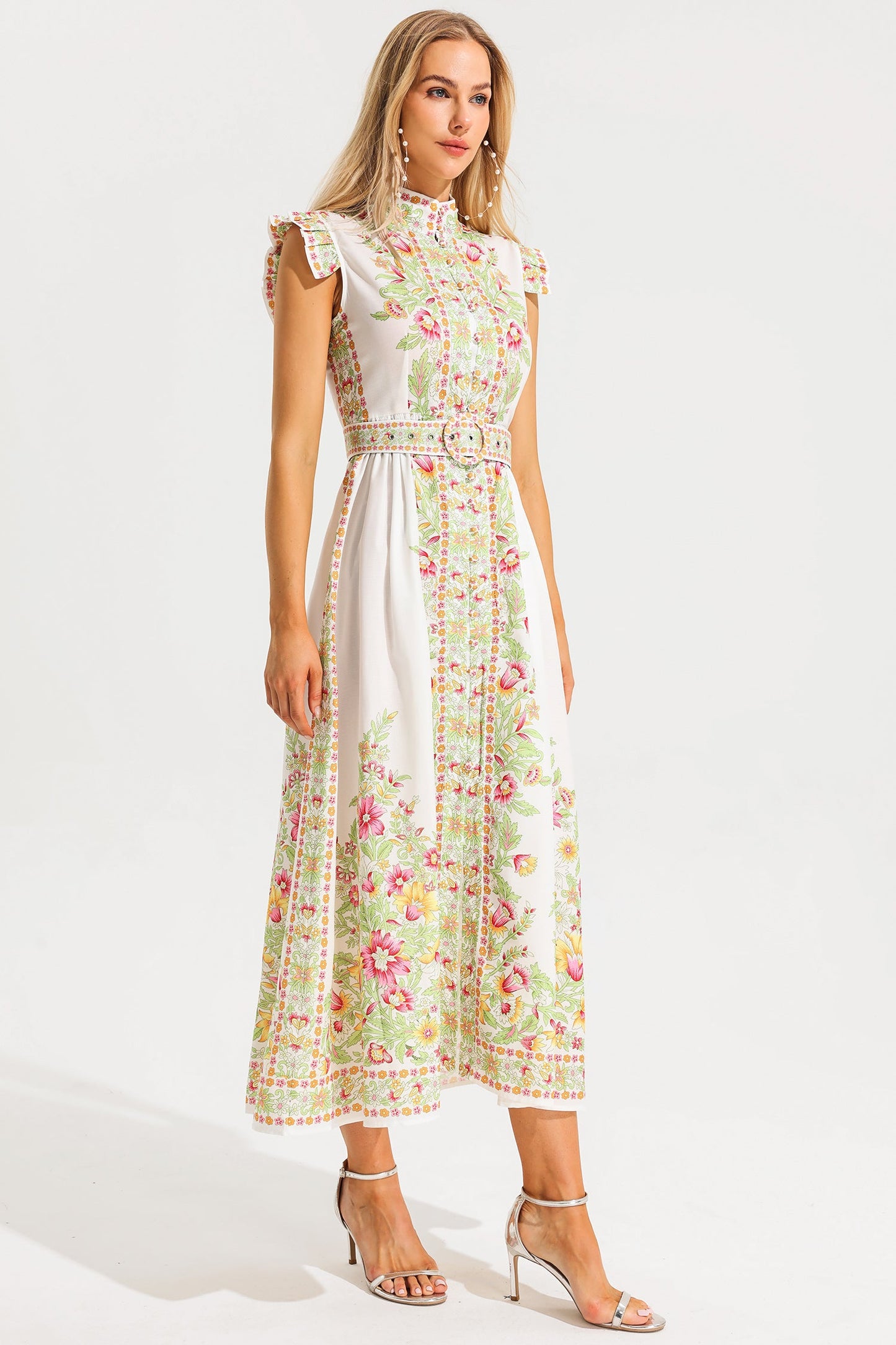 Stand Collar Sleeveless Button Midi Dress With Belt