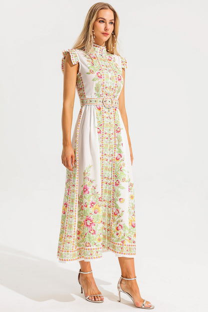 Stand Collar Sleeveless Button Midi Dress With Belt