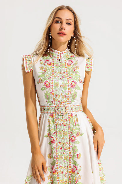Stand Collar Sleeveless Button Midi Dress With Belt