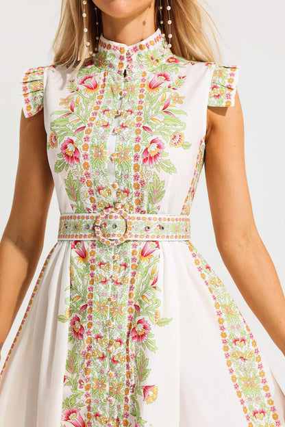 Stand Collar Sleeveless Button Midi Dress With Belt