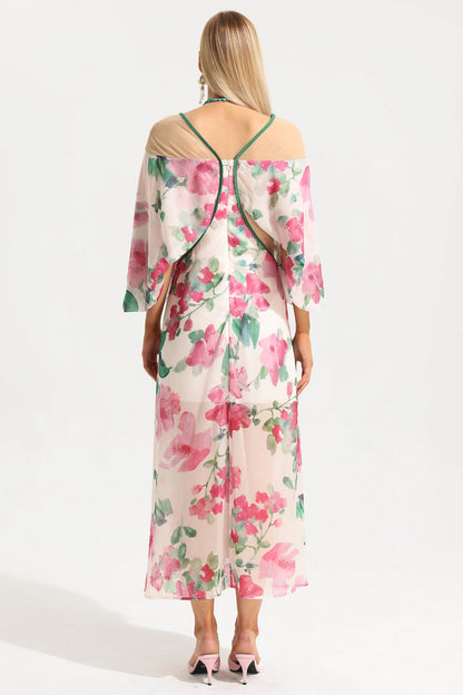 V-neck Lantern Sleeve Splicing Midi Dress