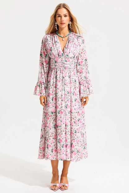 V-neck Ball Sleeve Midi Dress