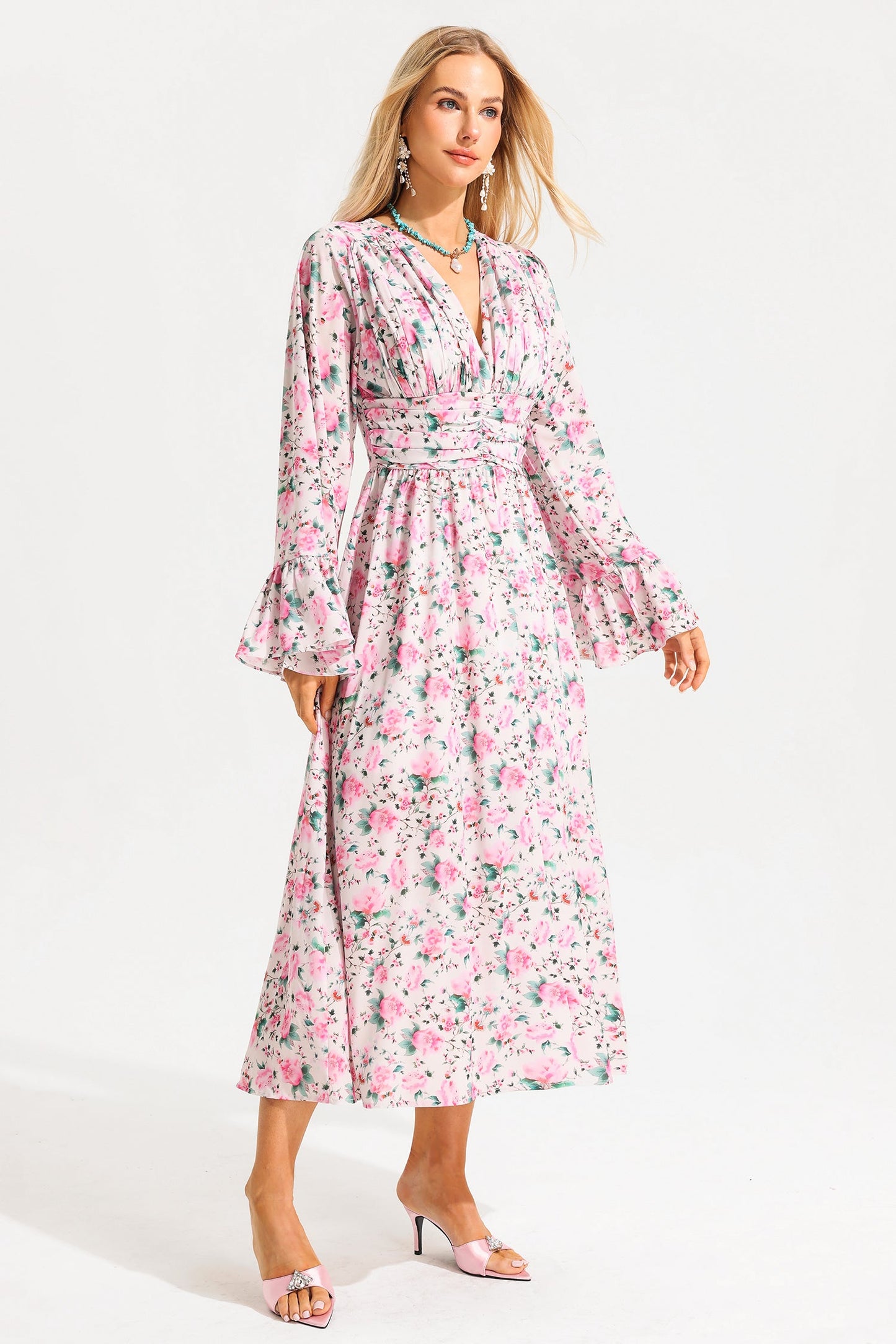 V-neck Ball Sleeve Midi Dress