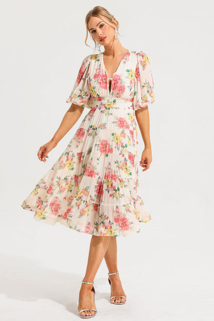 Puff Sleeve Pleat Midi Dress
