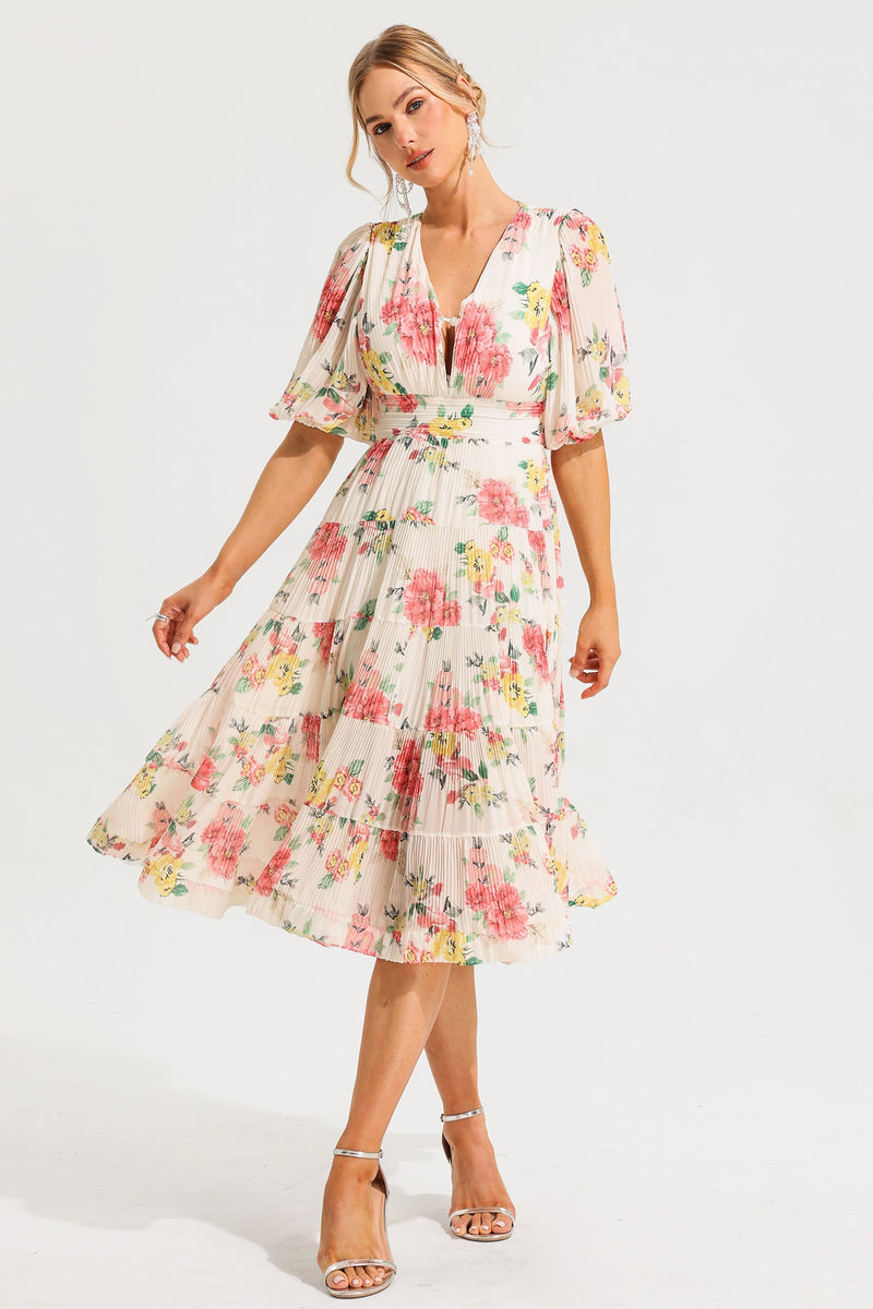 Puff Sleeve Pleat Midi Dress