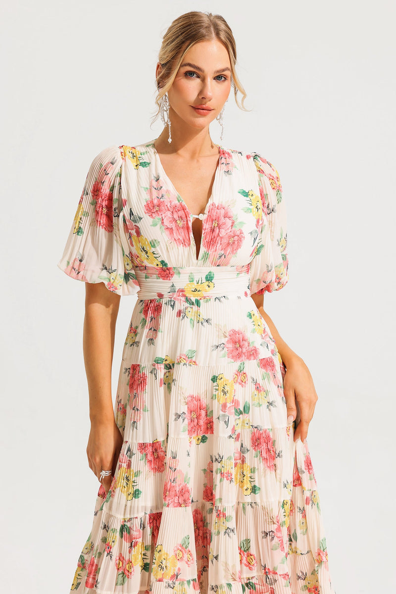 Puff Sleeve Pleat Midi Dress