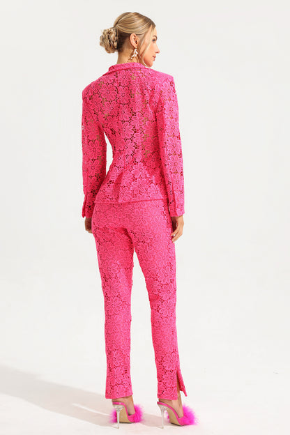 Lace Long Sleeve Tailored Blazer & High Waist Split Pants Set