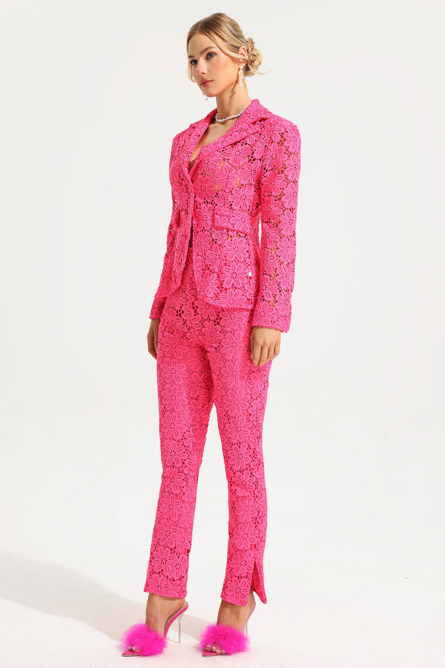Lace Long Sleeve Tailored Blazer & High Waist Split Pants Set