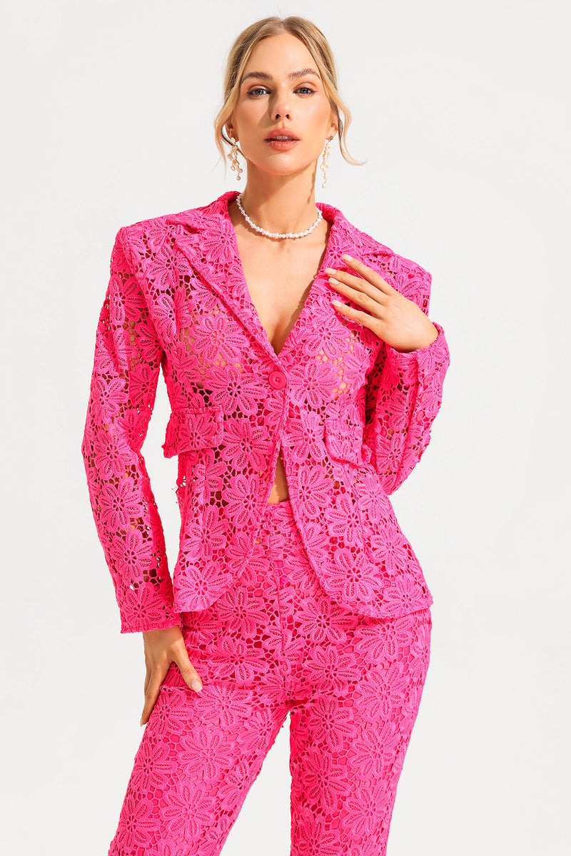 Lace Long Sleeve Tailored Blazer & High Waist Split Pants Set