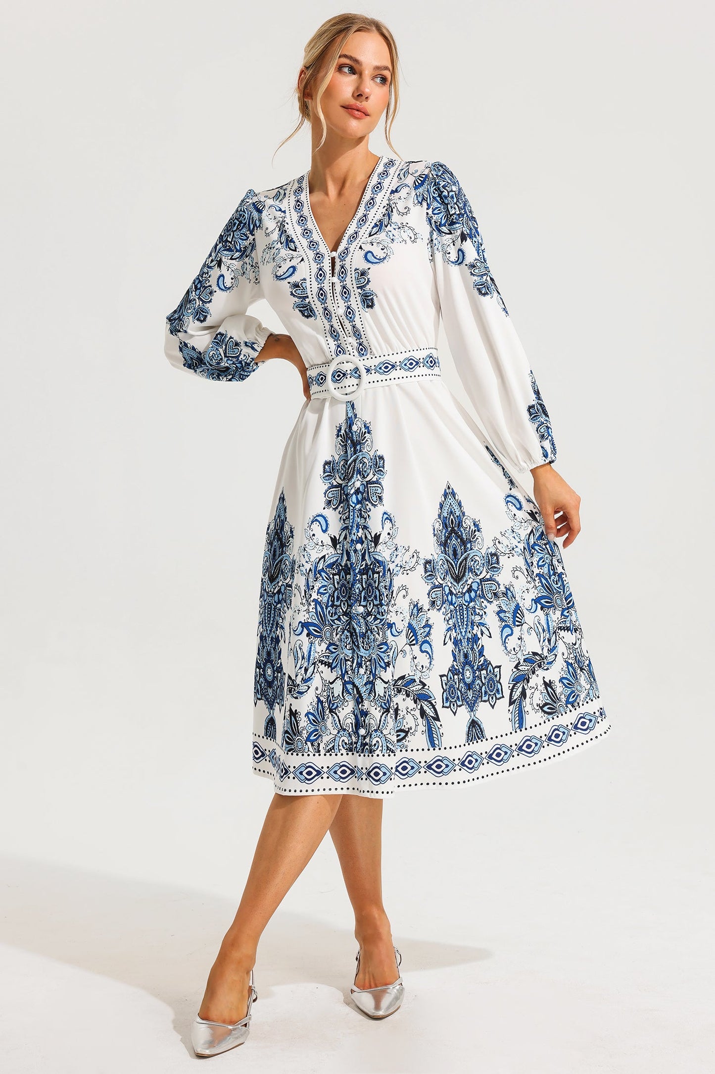 Paisley Single Breasted Long Sleeve Midi Dress With Belt