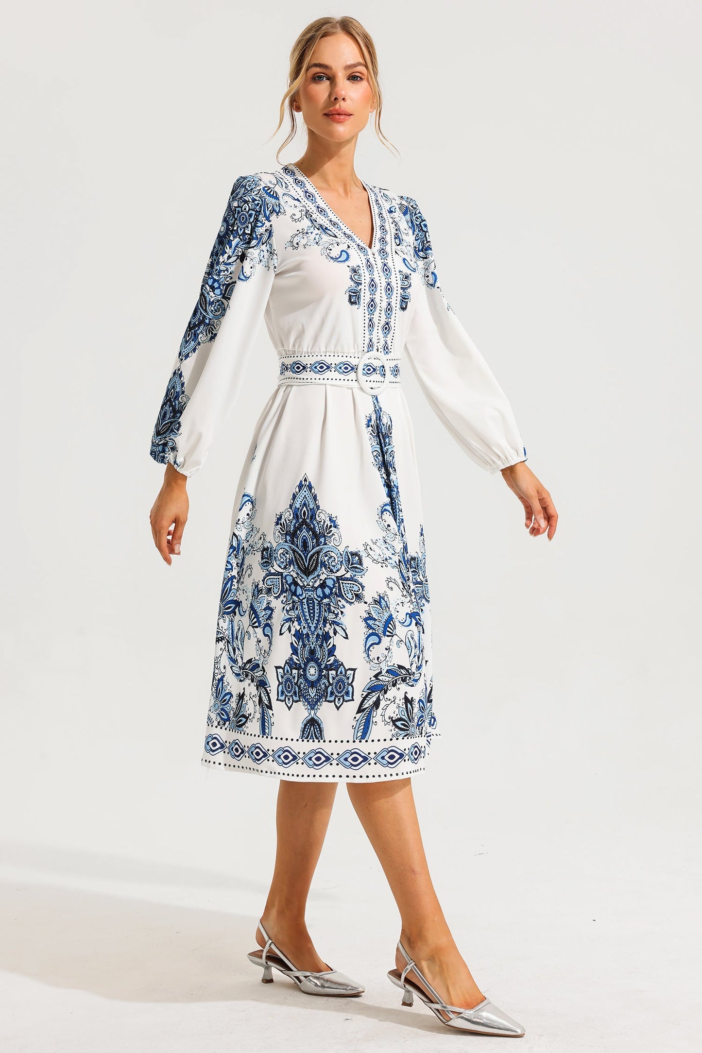 Paisley Single Breasted Long Sleeve Midi Dress With Belt