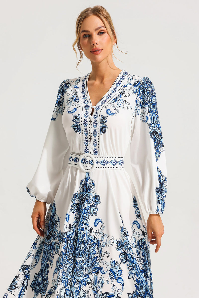 Paisley Single Breasted Long Sleeve Midi Dress With Belt
