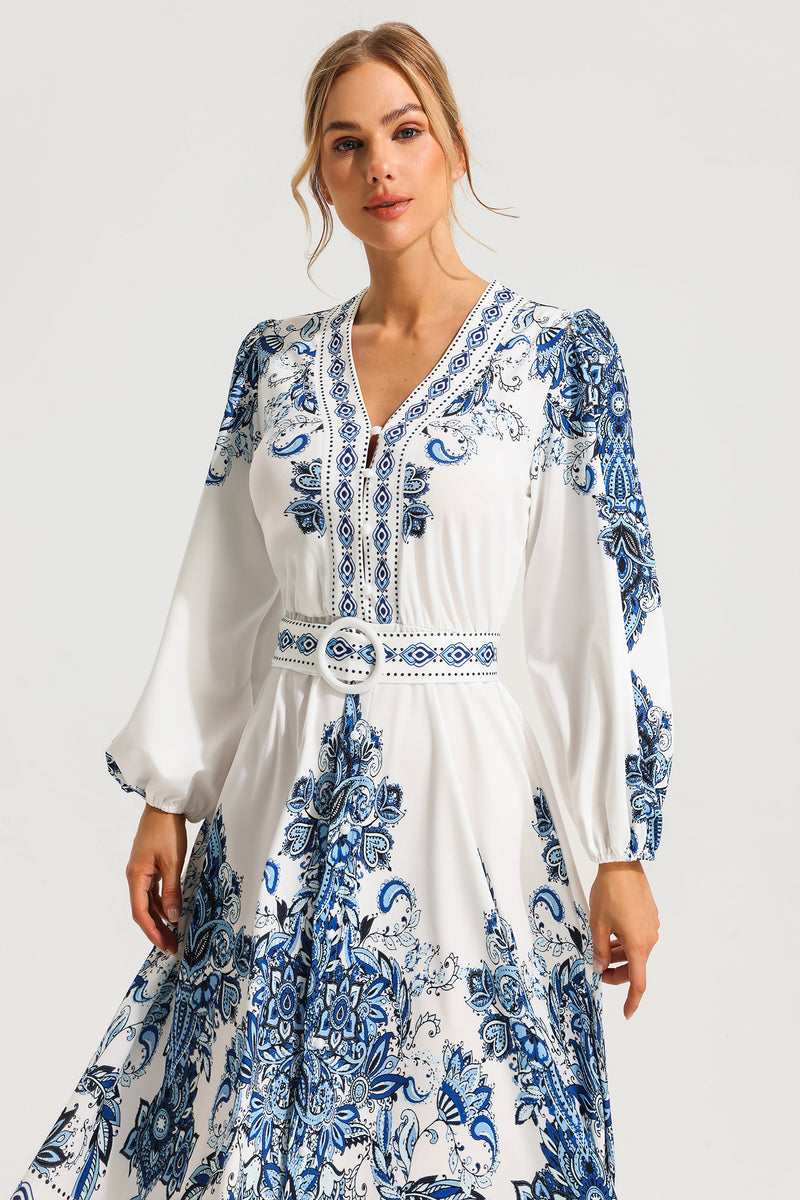 Paisley Single Breasted Long Sleeve Midi Dress With Belt
