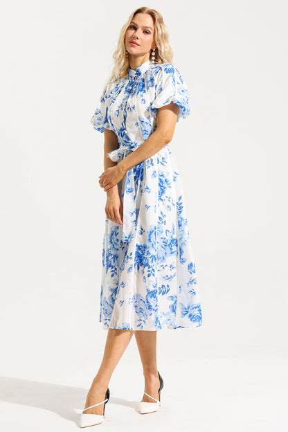 Single Breasted Puff Sleeve Midi Dress With Belt