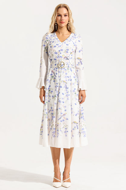 V-neck Long Sleeve Midi Dress With Belt